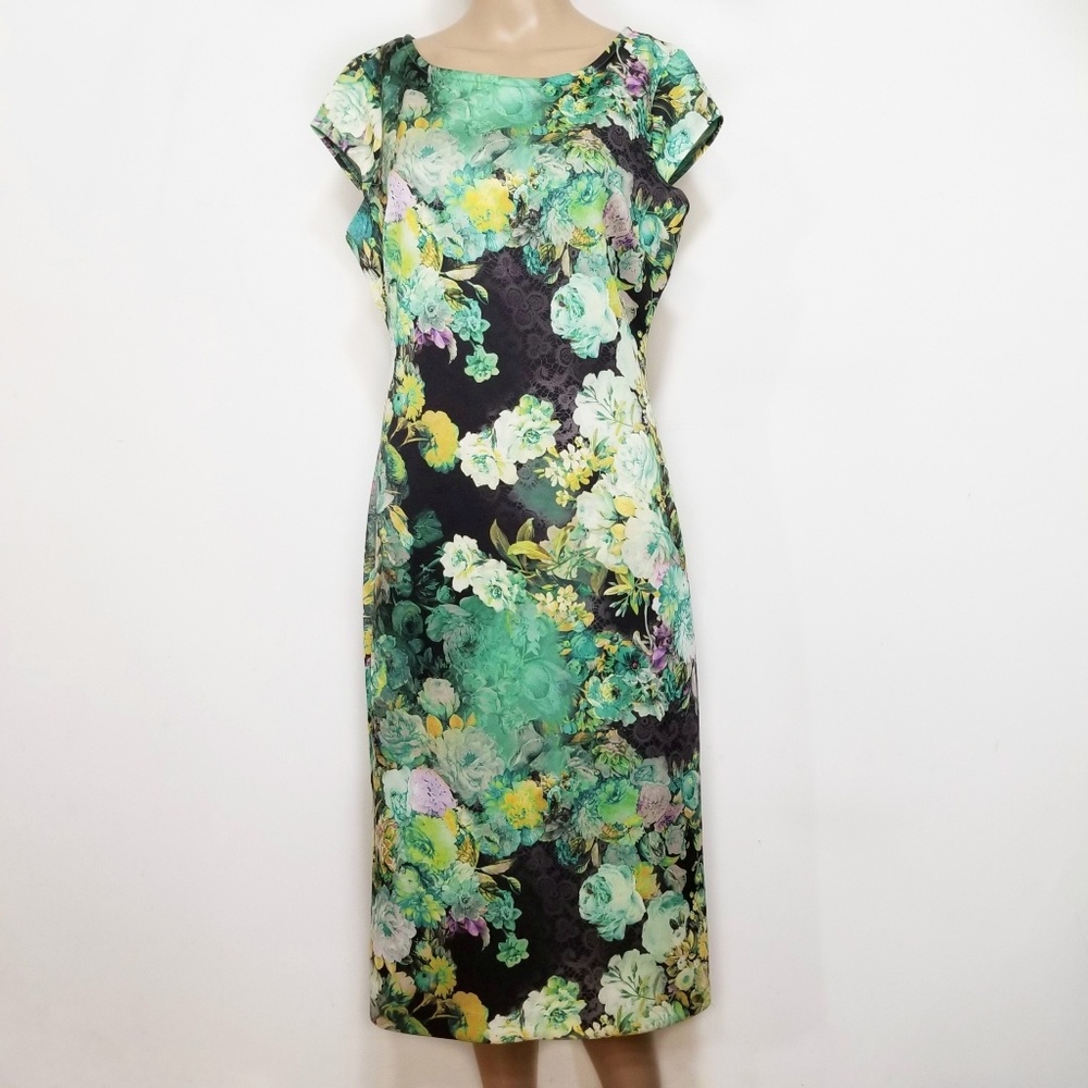 New York & Co. Green Floral Scuba Midi Dress Med